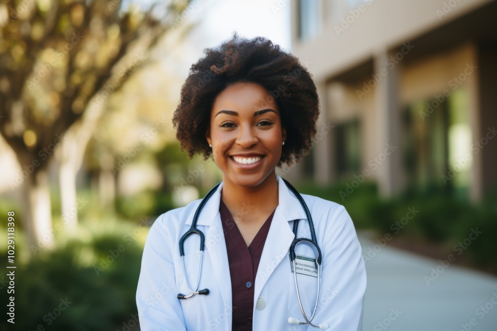 Portrait of a smiling female African American medical physician Portrait of a smiling female African American medical physician