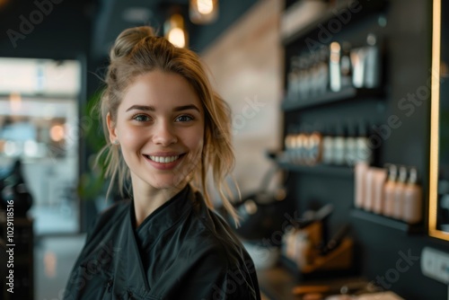 Portrait of a smiling female hairdresser in modern saloon