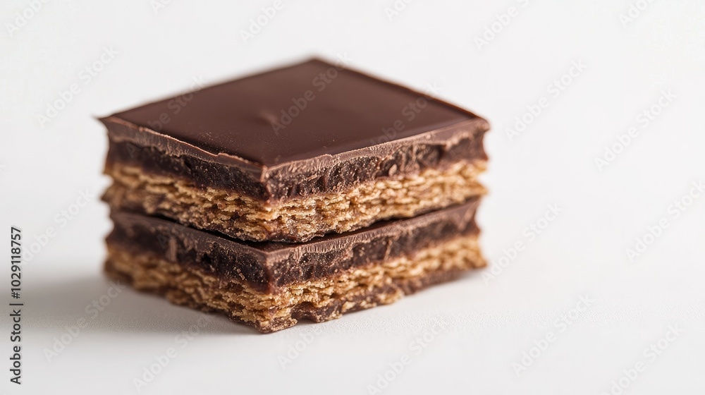A broken chocolate wafer block, showing its layers of wafer and rich chocolate filling, on white. A broken chocolate wafer block, showing its layers of wafer and rich chocolate filling, on white.