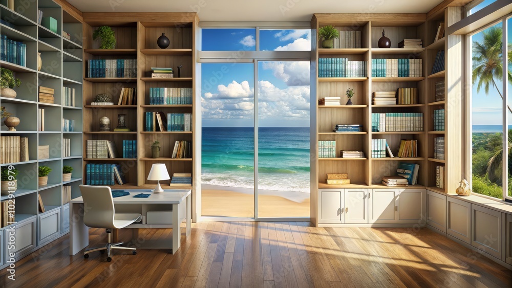 Serene beach scenery creating a calming backdrop for reading and studying. Serene beach scenery creating a calming backdrop for reading and studying.
