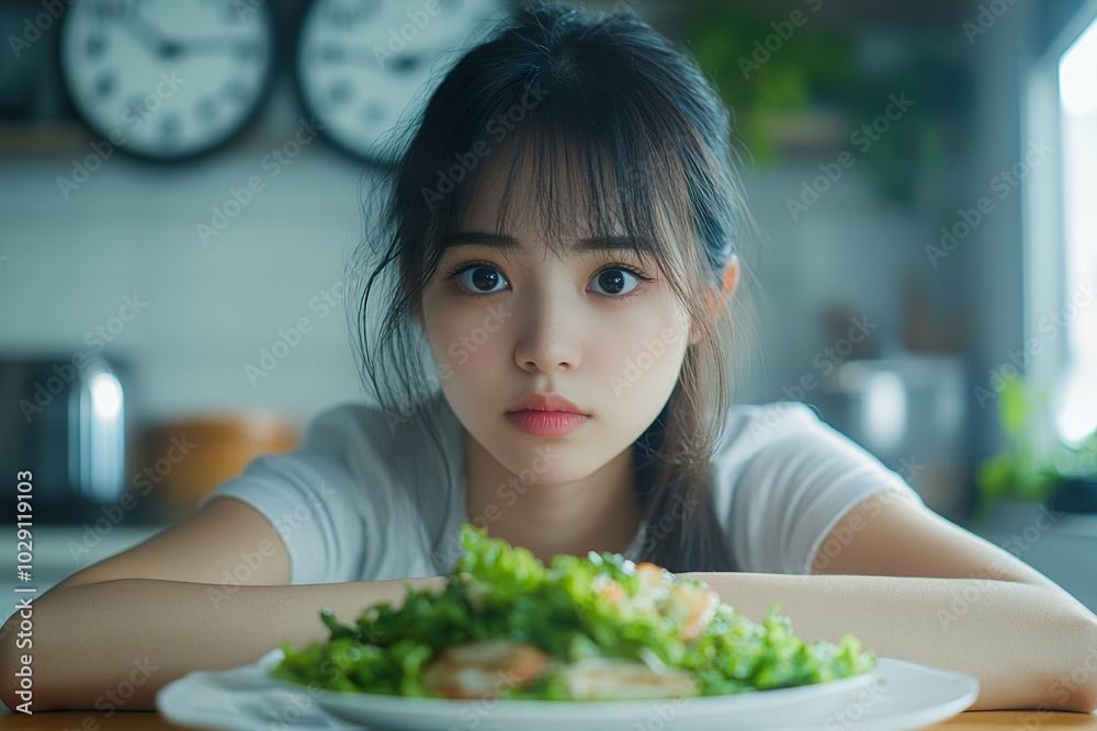 Ketogenic Salad: Asian Woman Awaits Her Healthy Meal Ketogenic Salad: Asian Woman Awaits Her Healthy Meal