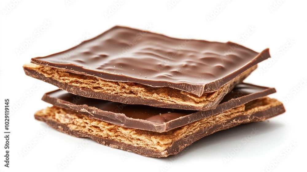 A broken chocolate wafer block with crisp wafer layers and smooth chocolate coating, isolated on a white background. A broken chocolate wafer block with crisp wafer layers and smooth chocolate coating, isolated on a white background.