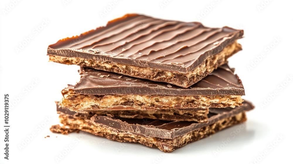 A broken chocolate wafer block with layers of crisp wafer and creamy chocolate, isolated on a white background. A broken chocolate wafer block with layers of crisp wafer and creamy chocolate, isolated on a white background.
