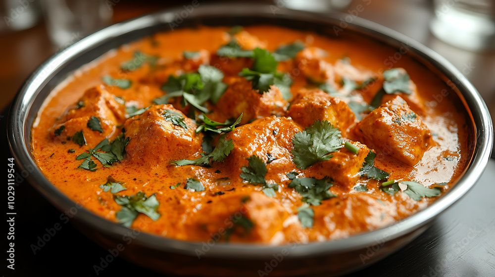 Chicken Tikka Masala: A vibrant orange-red curry with tender pieces of marinated chicken in a creamy tomato sauce. Garnished with fresh cilantro, 