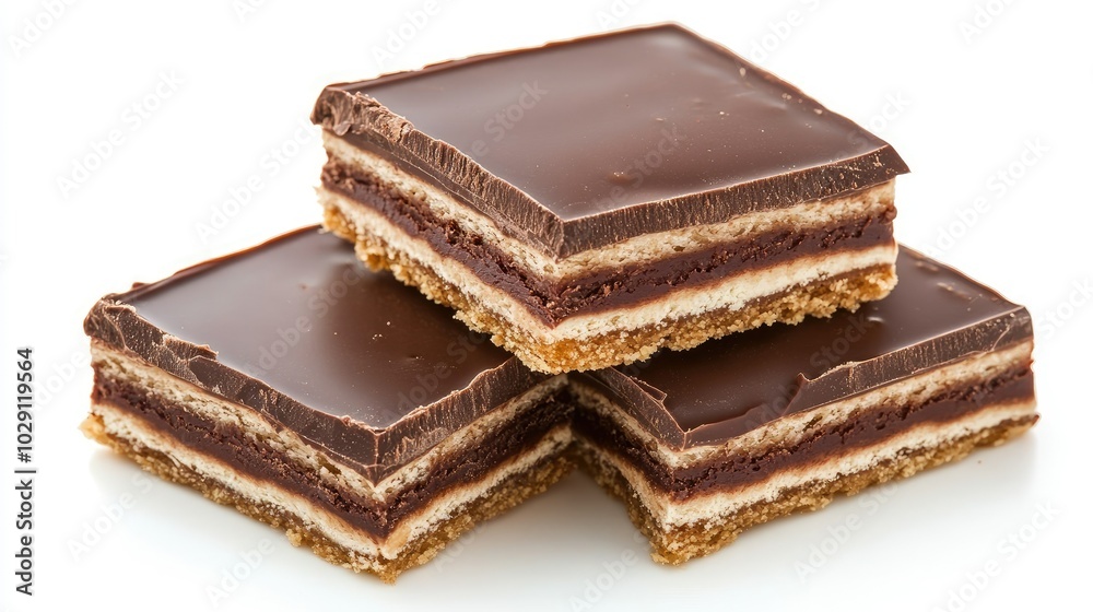 A broken chocolate wafer block with layers of wafer and chocolate filling, isolated against white. A broken chocolate wafer block with layers of wafer and chocolate filling, isolated against white.