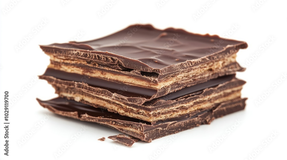 A broken chocolate wafer block, with layers of wafer and creamy chocolate, isolated against white. A broken chocolate wafer block, with layers of wafer and creamy chocolate, isolated against white.