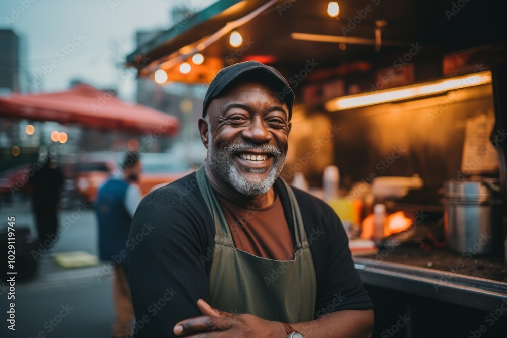 Fototapeta premium Smiling portrait of a middle aged African American male food truck owner
