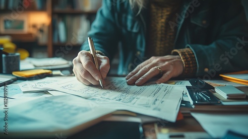 Close-up of hands signing multiple forms on a cluttered desk, scattered papers and documents surrounding, soft natural light highlighting the pen and paper, photo