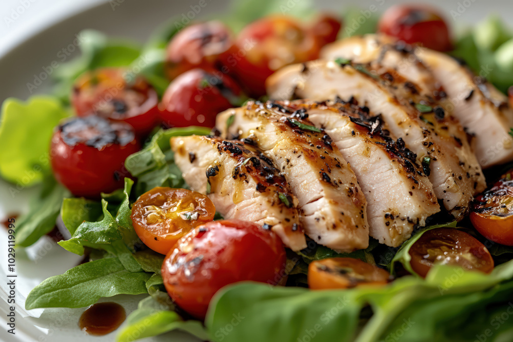 Delicious grilled chicken plate with fresh greens and roasted cherry tomatoes, perfect for healthy meal options. Delicious grilled chicken plate with fresh greens and roasted cherry tomatoes, perfect for healthy meal options.