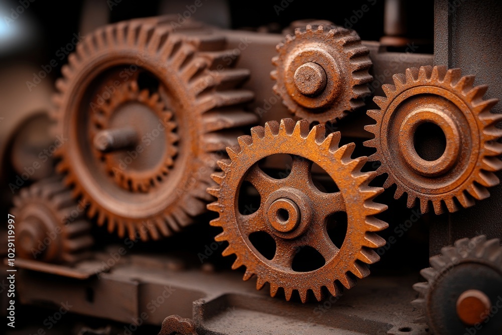 Old rusted gears inside a forgotten machine, with layers of grime and corrosion covering the once-shiny surfaces, emphasizing the age and neglect of the machinery Old rusted gears inside a forgotten machine, with layers of grime and corrosion covering the once-shiny surfaces, emphasizing the age and neglect of the machinery