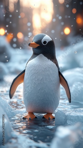 Low poly penguin sliding on icy terrain, geometric shapes, playful atmosphere, cool color palette, whimsical design, charming character photo