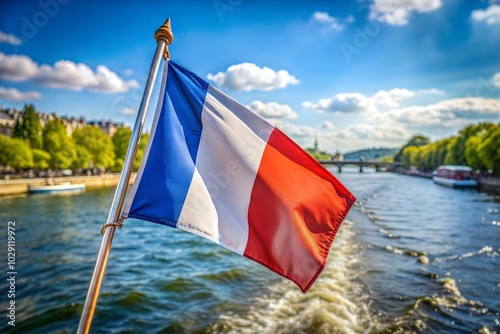 French flag on boat cruising down river in paris