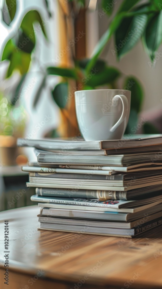 Stack of magazines on the coffee table, 4K hyperrealistic photo Stack of magazines on the coffee table, 4K hyperrealistic photo