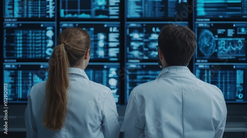 Scientists and technocrats monitor data from a futuristic tower