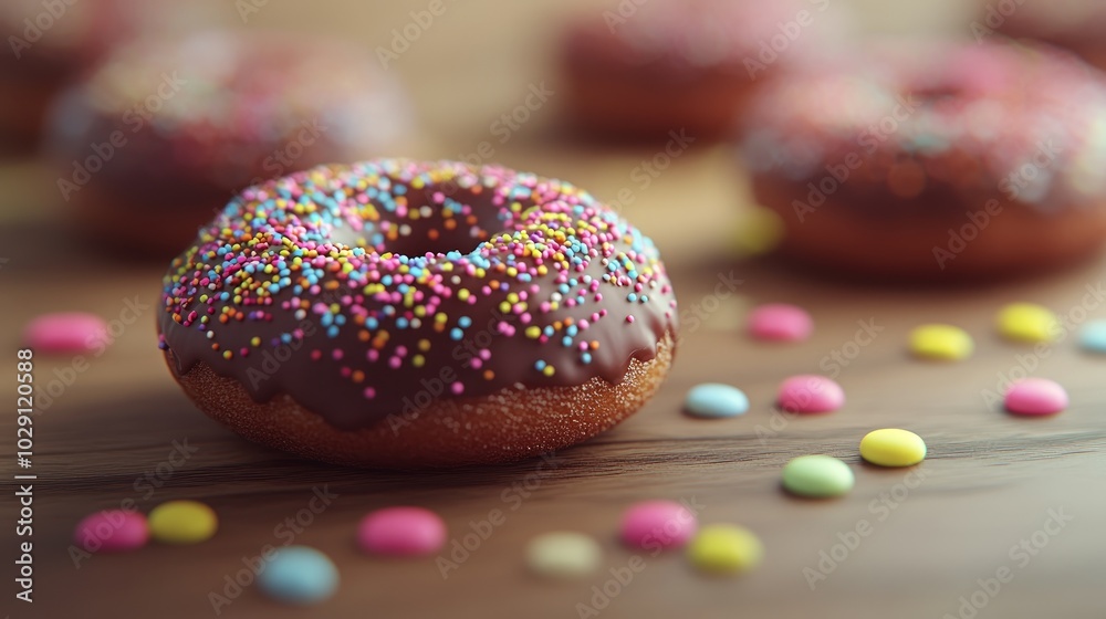 A single glazed donut with colorful sprinkles sits on a wooden table with more donuts and colorful candy in the background. A single glazed donut with colorful sprinkles sits on a wooden table with more donuts and colorful candy in the background.