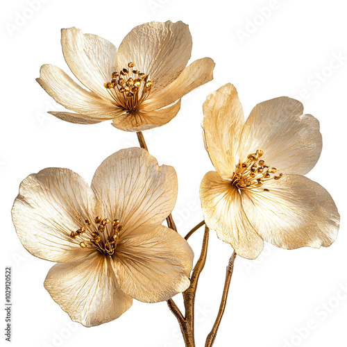 A stunning gold floral sculpture featuring two metallic flowers with intricate details isolated on white background, perfect for luxurious home decor or artistic displays.