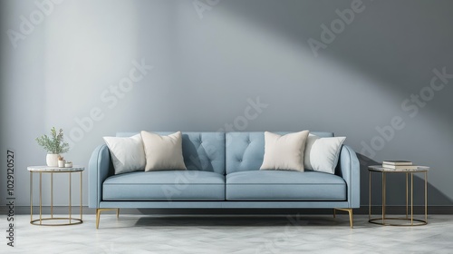 A minimalist living room with a blue sofa, cushions, and side tables against a gray wall.