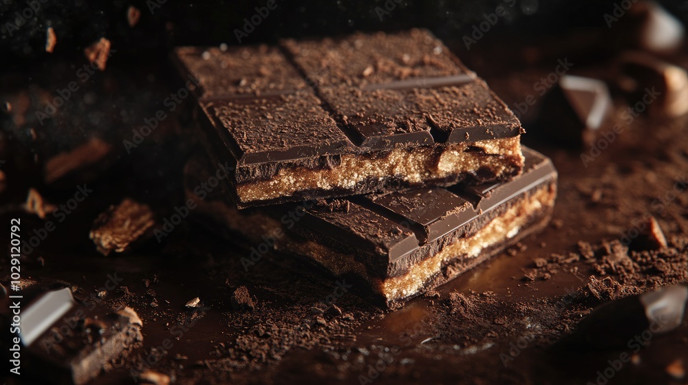 A chocolate wafer block broken in half, with a detailed view of the crispy layers and rich chocolate. A chocolate wafer block broken in half, with a detailed view of the crispy layers and rich chocolate.