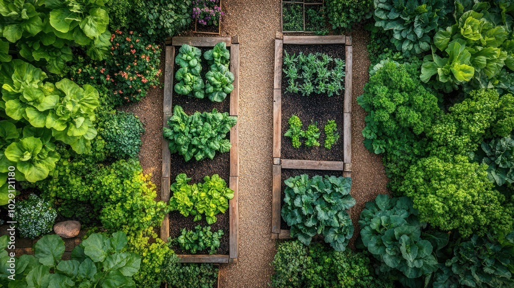 An aerial view of a lush vegetable garden with two raised beds filled with various leafy greens and other plants. An aerial view of a lush vegetable garden with two raised beds filled with various leafy greens and other plants.