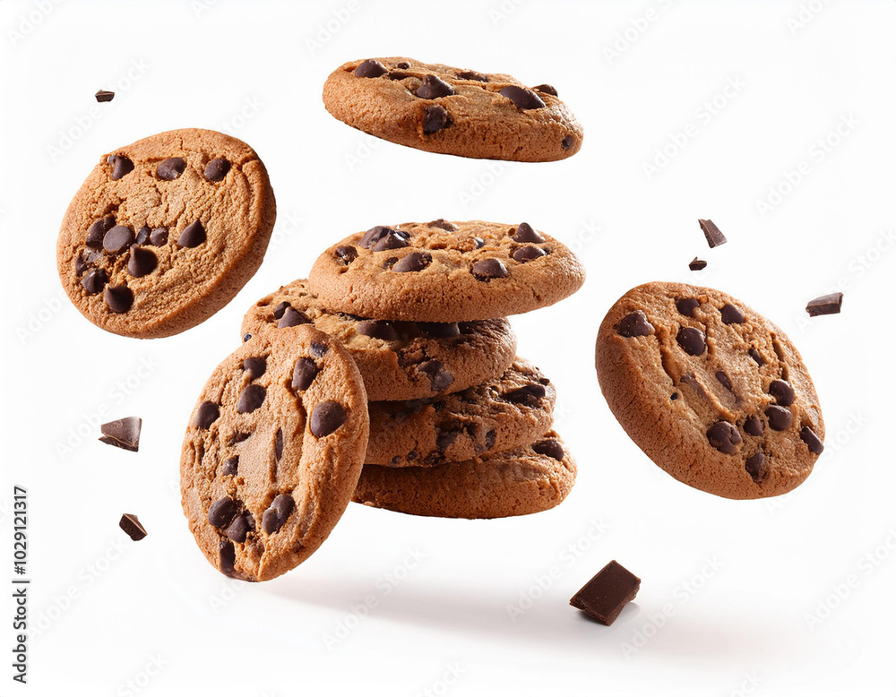 trio of warm, freshly baked chocolate chip cookies, with one cookie broken isolated white background trio of warm, freshly baked chocolate chip cookies, with one cookie broken isolated white background