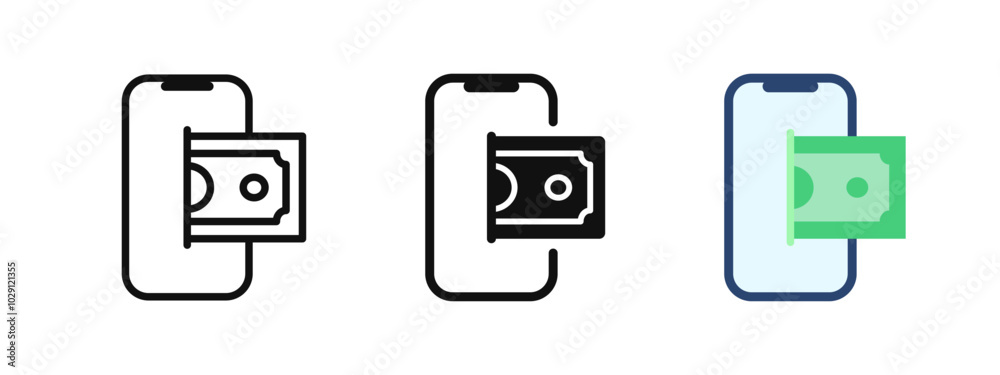 Mobile phone payment icon. Top up payment symbol. Online banking sign. Smartphone with dollar bill sticking out vector illustration. Online transaction pictogram. Phone cash checkout concept. Mobile phone payment icon. Top up payment symbol. Online banking sign. Smartphone with dollar bill sticking out vector illustration. Online transaction pictogram. Phone cash checkout concept.