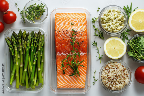 Fresh salmon fillet accompanied by asparagus, grains, and lemon for a healthy meal prep setup, perfect for cooking enthusiasts. photo