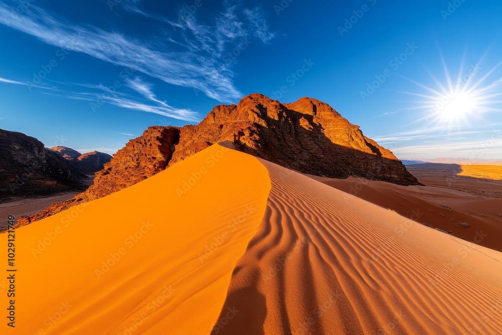 Panorama of a vast desert landscape, with sand dunes stretching as far as the eye can see, and the shadows growing long as the sun dips toward the horizon Panorama of a vast desert landscape, with sand dunes stretching as far as the eye can see, and the shadows growing long as the sun dips toward the horizon