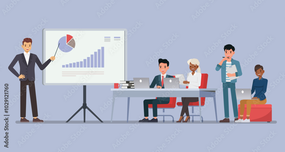 Project Presentation concept. Businessman presenting a project on a large screen in a conference room. He stands at the front while a group of clients. Character vector illustration design. Project Presentation concept. Businessman presenting a project on a large screen in a conference room. He stands at the front while a group of clients. Character vector illustration design.