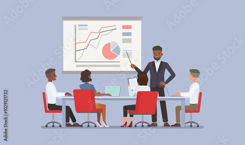 Businessman presenting a project on a large screen in a conference room. He stands at the front while a group of clients. Character vector illustration design. Project Presentation concept.