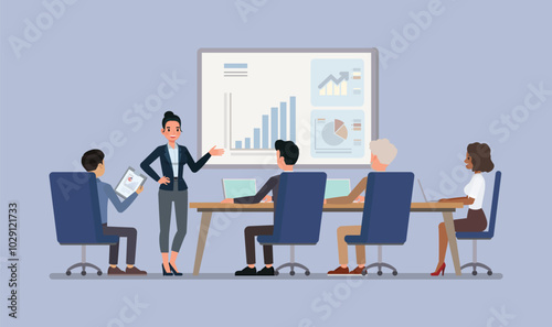 Project Presentation concept. Businesswoman presenting a project on a large screen in a conference room. She stands at the front while a group of clients. Character vector illustration design.