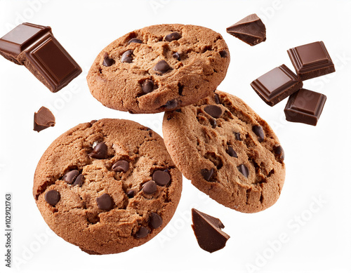 trio of warm, freshly baked chocolate chip cookies, with one cookie broken isolated white background 