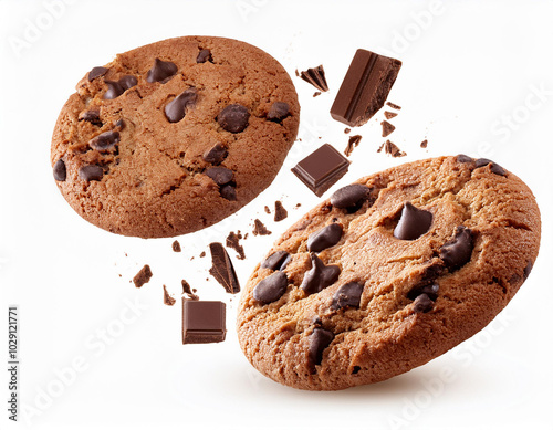 trio of warm, freshly baked chocolate chip cookies, with one cookie broken isolated white background 