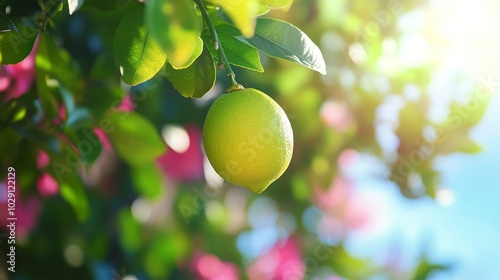 A single ripe lemon hanging from a branch in a citrus orchard, bathed in the warm glow of the sun. The blurred background features other citrus trees and a bright blue sky.