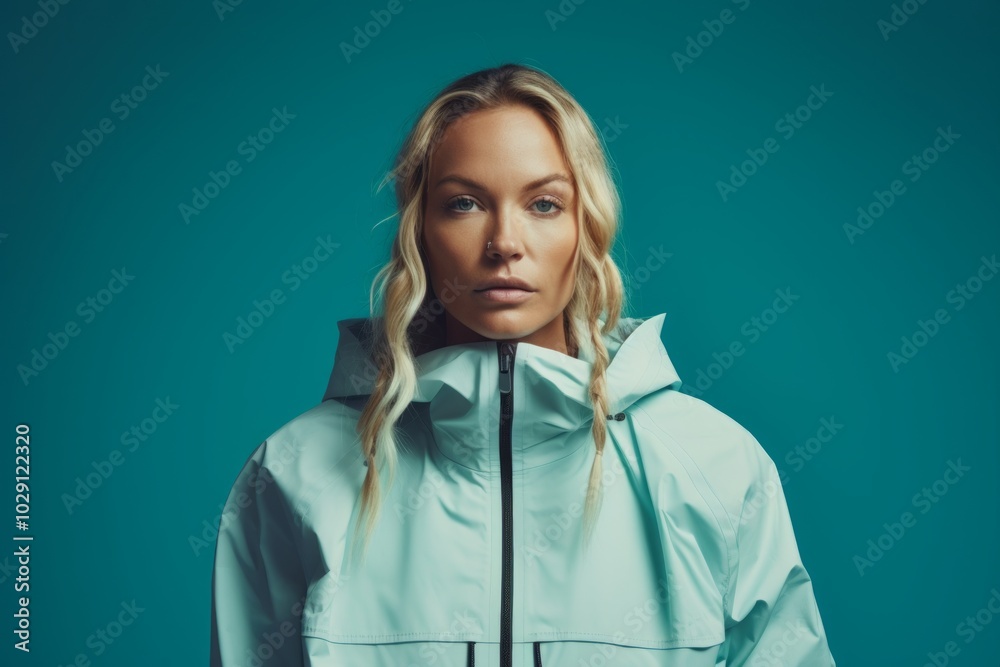 Fototapeta premium Portrait of a content woman in her 30s wearing a functional windbreaker on soft teal background