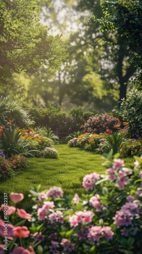Lush green garden with a variety of blooming flowers, 4K hyperrealistic photo Lush green garden with a variety of blooming flowers, 4K hyperrealistic photo