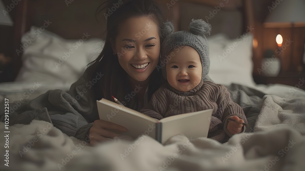 Asian mother and daughter happily drawing together at home. Asian mother and daughter happily drawing together at home.