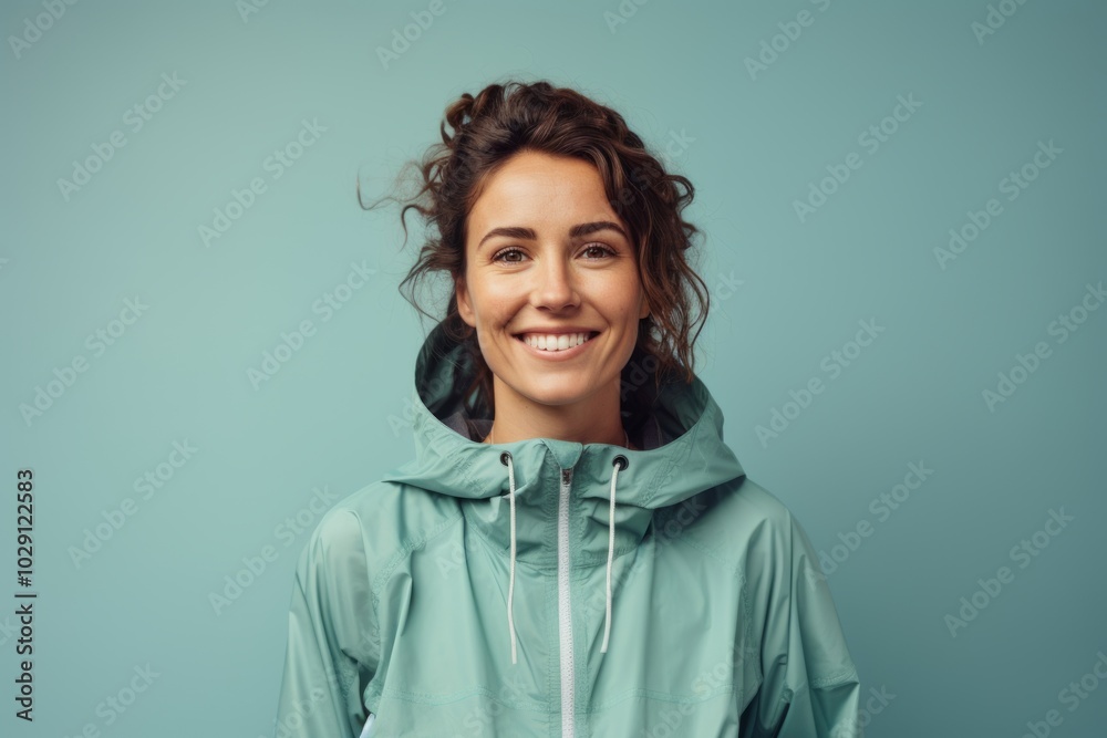 Portrait of a content woman in her 30s wearing a functional windbreaker isolated in soft teal background Portrait of a content woman in her 30s wearing a functional windbreaker isolated in soft teal background