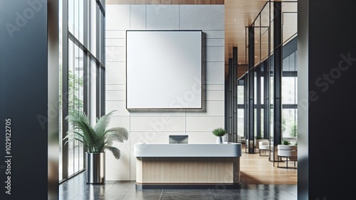 Corporate branding white blank billboard or picture frame mockup in a modern office entrance or reception area, perfect for showcasing ads or promotional displays