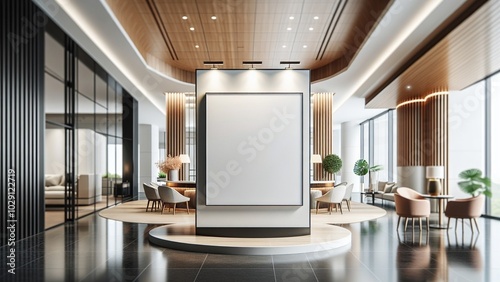 Corporate branding white blank billboard or picture frame mockup in a modern office entrance or reception area, perfect for showcasing ads or promotional displays