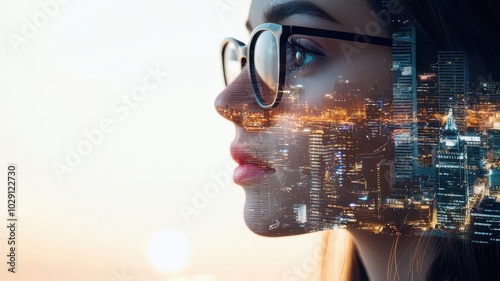 A young woman with glasses, urban street life unfolding behind her close up, focus on, copy space, vivid sunset tones, double exposure silhouette with city streets and lights