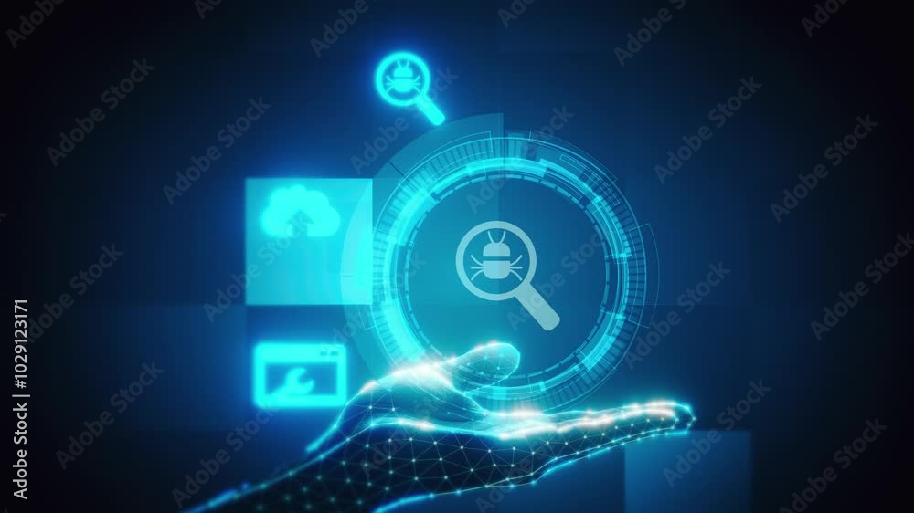 IT Programming technology loopable background with hand and glowing icons IT Programming technology loopable background with hand and glowing icons