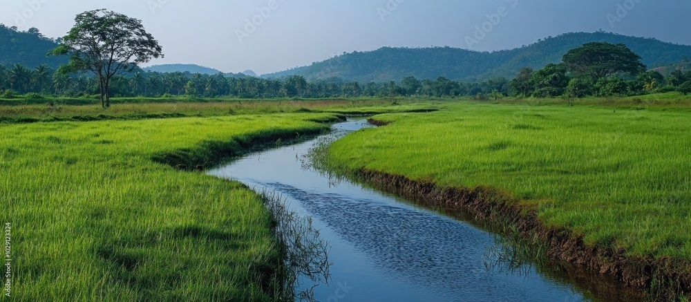 A winding creek cuts through a lush green meadow, with a lone tree standing tall in the distance, creating a peaceful and serene landscape. A winding creek cuts through a lush green meadow, with a lone tree standing tall in the distance, creating a peaceful and serene landscape.