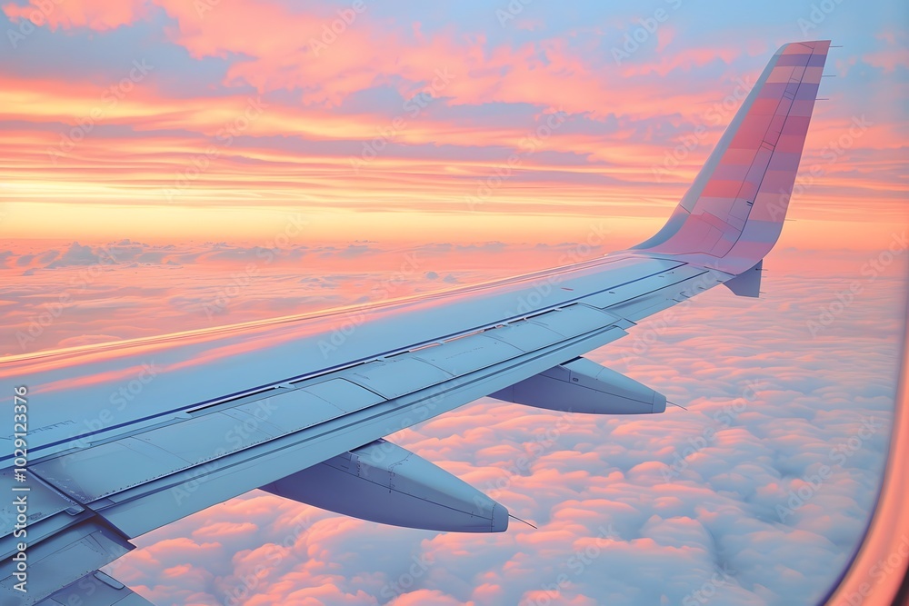 Obraz premium Airplane window view at sunset.