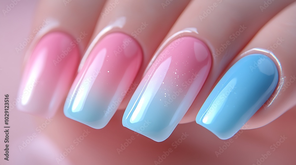 Ombre nails with a soft gradient blending from baby blue to soft pink, high gloss finish, seamless transition of colors, close-up shot under studio lighting for maximum detail and color clarity, Ombre nails with a soft gradient blending from baby blue to soft pink, high gloss finish, seamless transition of colors, close-up shot under studio lighting for maximum detail and color clarity,