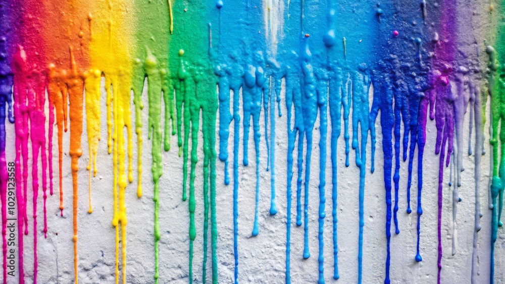 A colorful array of paint drips in rainbow hues flows from the wall, serving as an eye-catching backdrop. A colorful array of paint drips in rainbow hues flows from the wall, serving as an eye-catching backdrop.