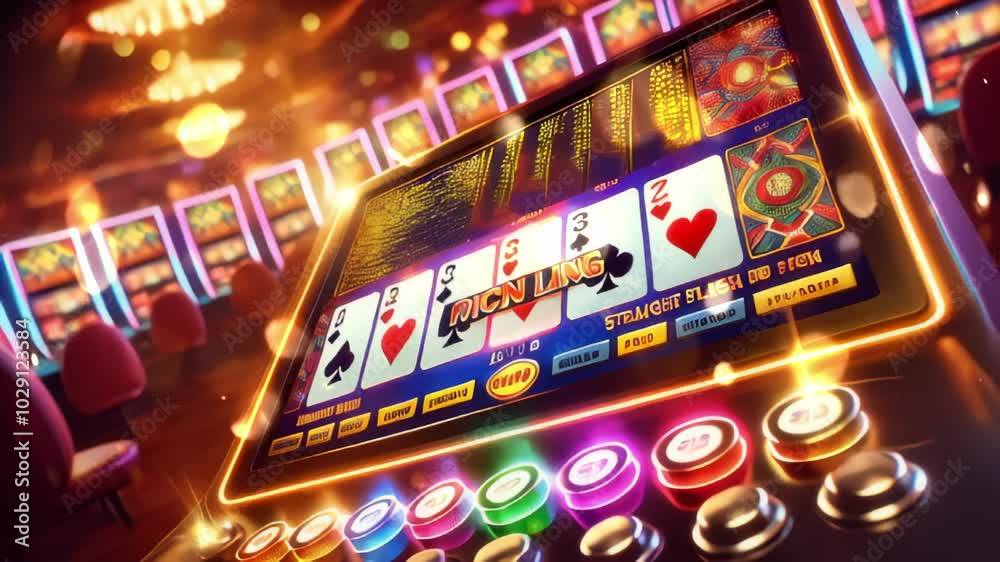 Vibrant Casino Slot Machine Display with Lucky Symbols in Action Vibrant Casino Slot Machine Display with Lucky Symbols in Action