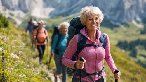 A group of older women are hiking up a mountain trail