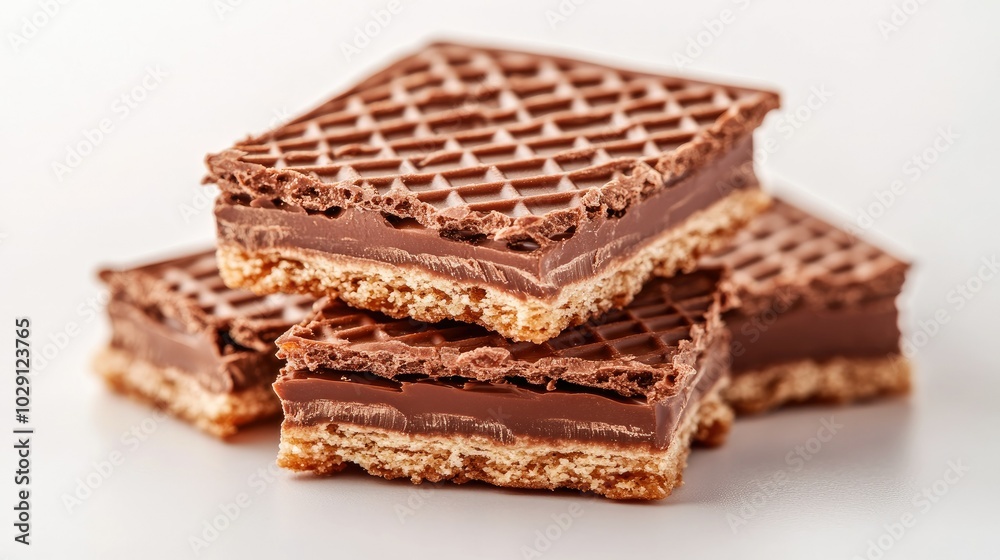 A close-up of a broken chocolate wafer block with layers of crispy wafer and creamy chocolate filling, isolated. A close-up of a broken chocolate wafer block with layers of crispy wafer and creamy chocolate filling, isolated.