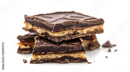 A close-up of a broken chocolate wafer block with layers of crispy wafer and creamy chocolate filling, isolated.