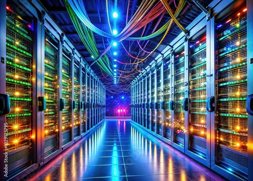 Server Racks and Fiber Optic Cables in a Modern Data Center - High-Tech Network Background for Technology and Internet Infrastructure